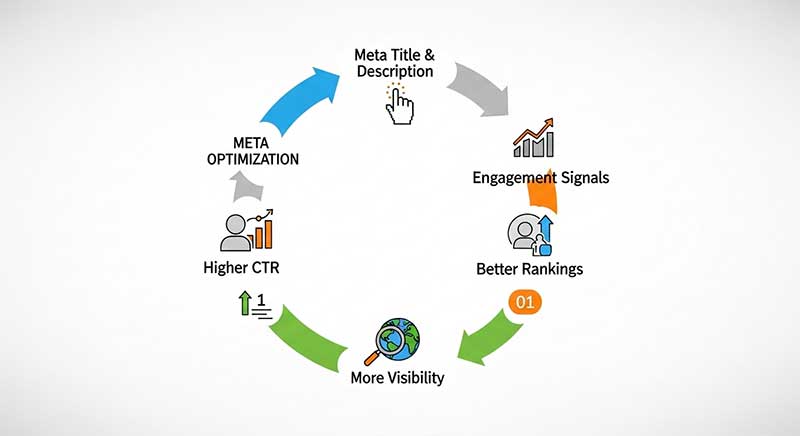 AI-powered meta tags optimization showing titles and descriptions boosting SEO, CTR, and search visibility.