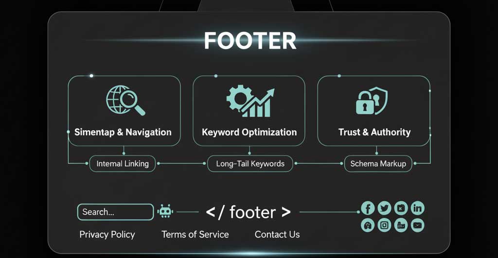 Comparison of a cluttered keyword-stuffed footer versus a clean user-friendly footer design with best practices.
