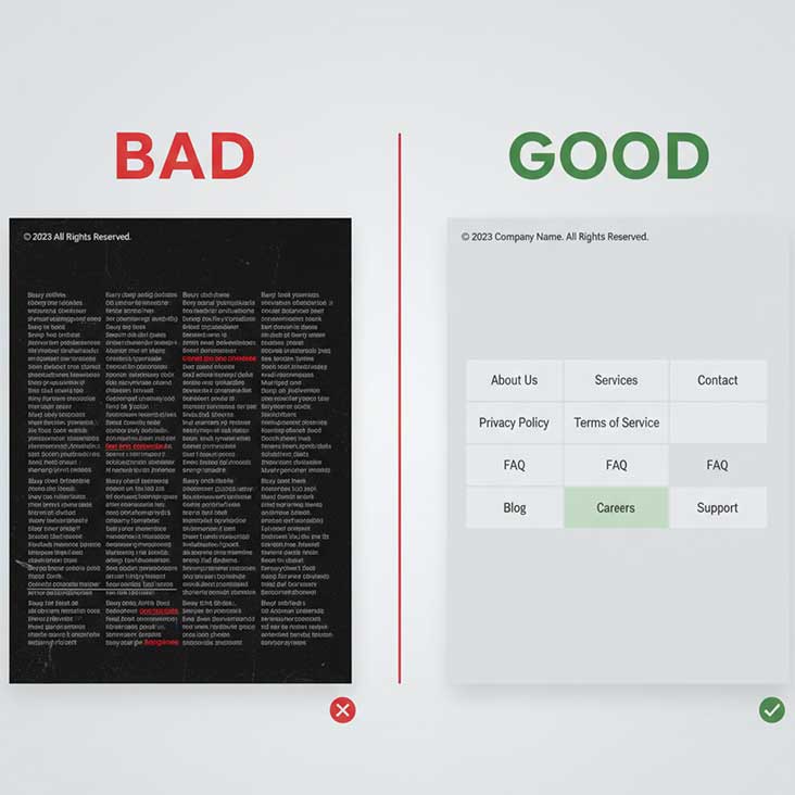 Google guidelines illustration showing do’s and don’ts of footer link usage.