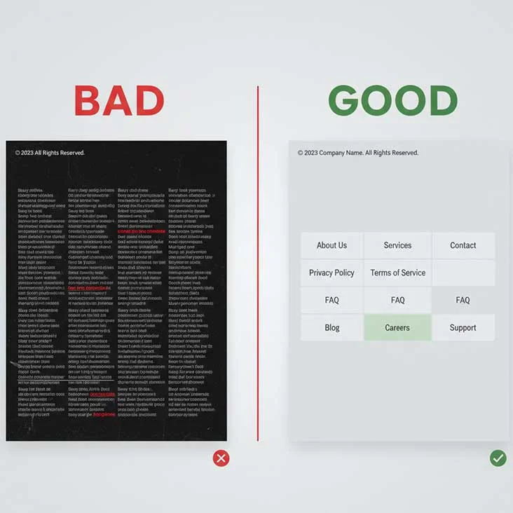 Google guidelines illustration showing do???s and don???ts of footer link usage.
