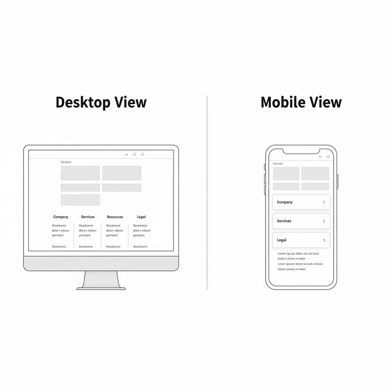 Responsive website footer design displayed on desktop and mobile devices