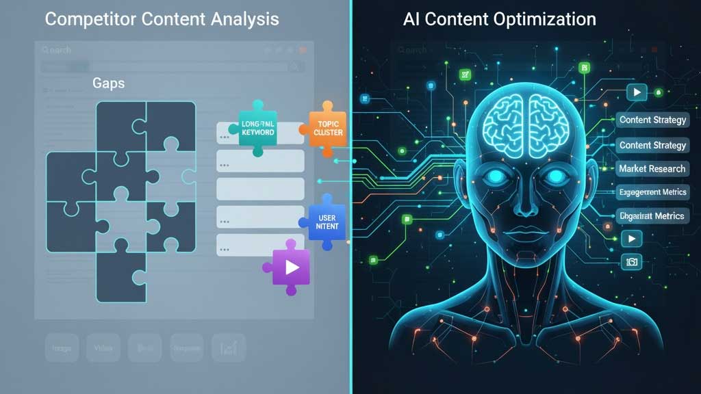 AI analyzing competitor content gaps and filling missing keywords, topics, and formats for better SEO.