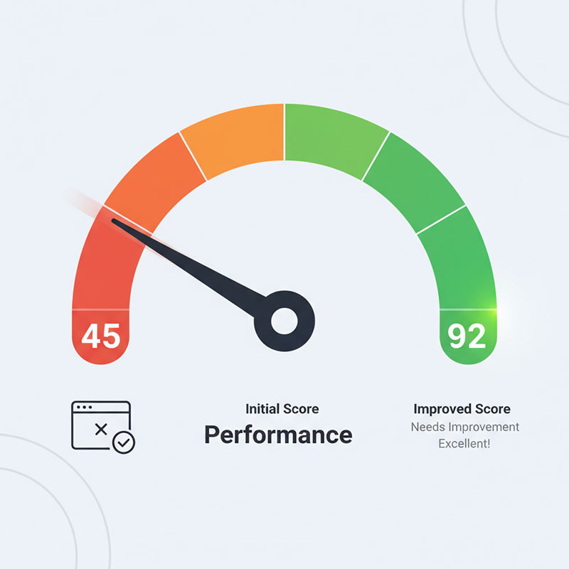 Technical SEO audit results with Core Web Vitals improvements and performance scores.