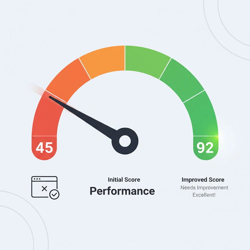 Technical SEO audit results with Core Web Vitals improvements and performance scores.