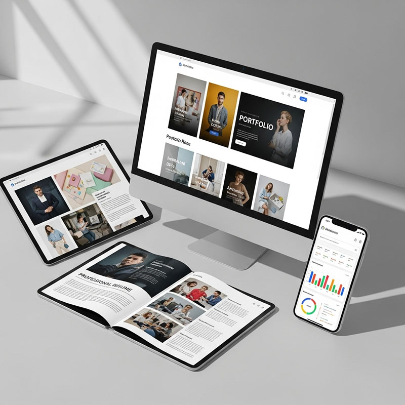 Different SEO portfolio formats including website, PDF presentation, and interactive dashboard.