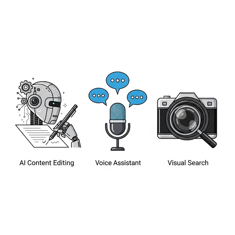 SEO trends including AI integration, voice search optimization, and visual search strategies.