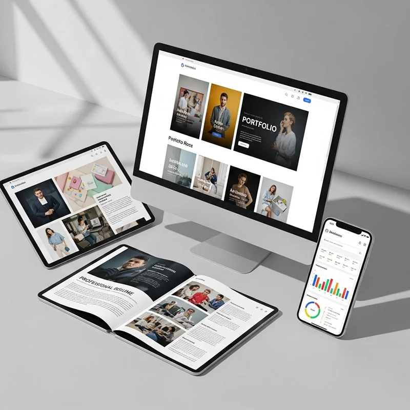 Different SEO portfolio formats including website, PDF presentation, and interactive dashboard.