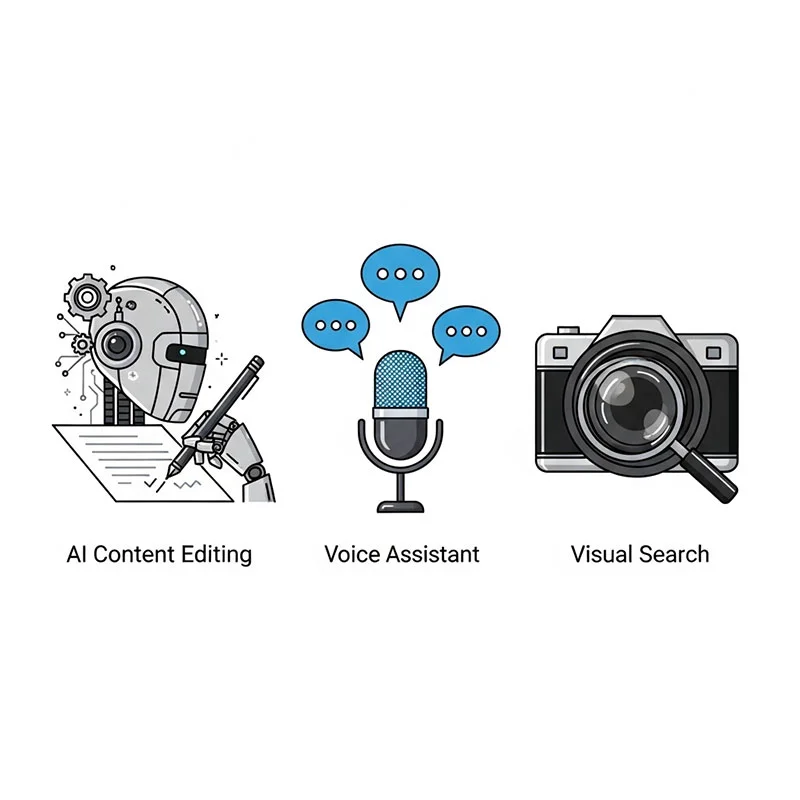 SEO trends including AI integration, voice search optimization, and visual search strategies.